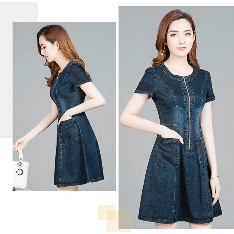 ĐẦM JEAN BIG SIZE XÒE CỔ TRÒN KHÓA KÉO TRƯỚC NGỰC